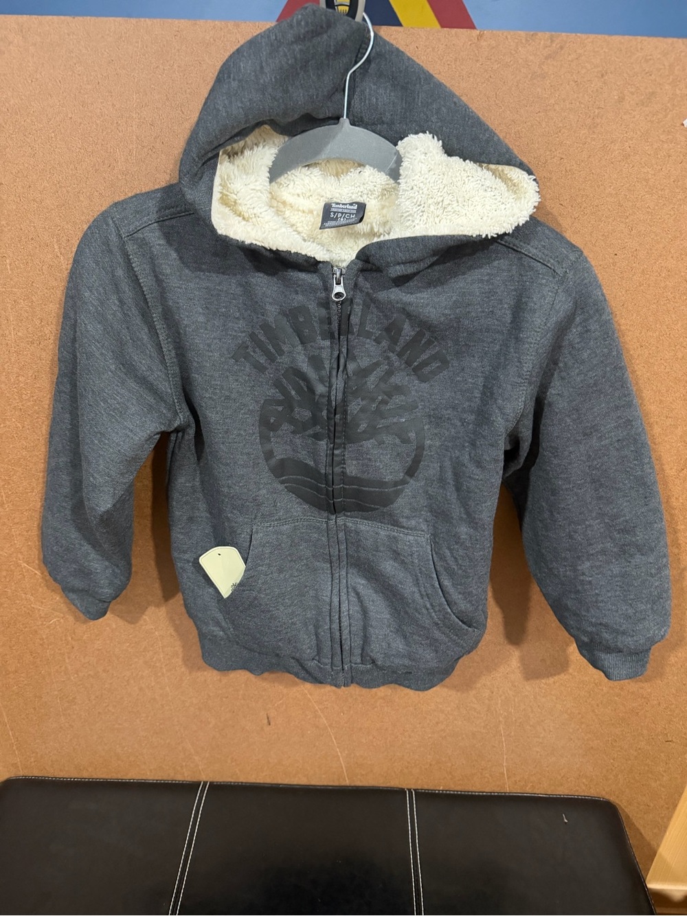 Timberland Kids Hooded Zip Sweatshirt in Charcoal with Cream Sherpa Lining